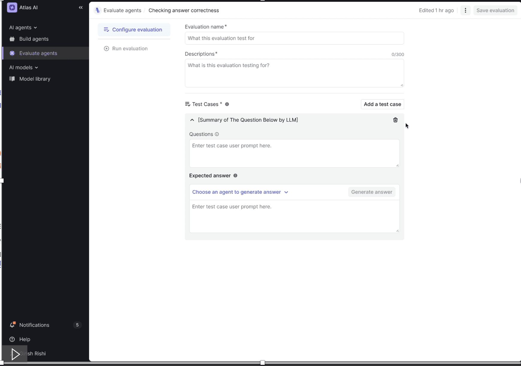 Test case — question and expected answer