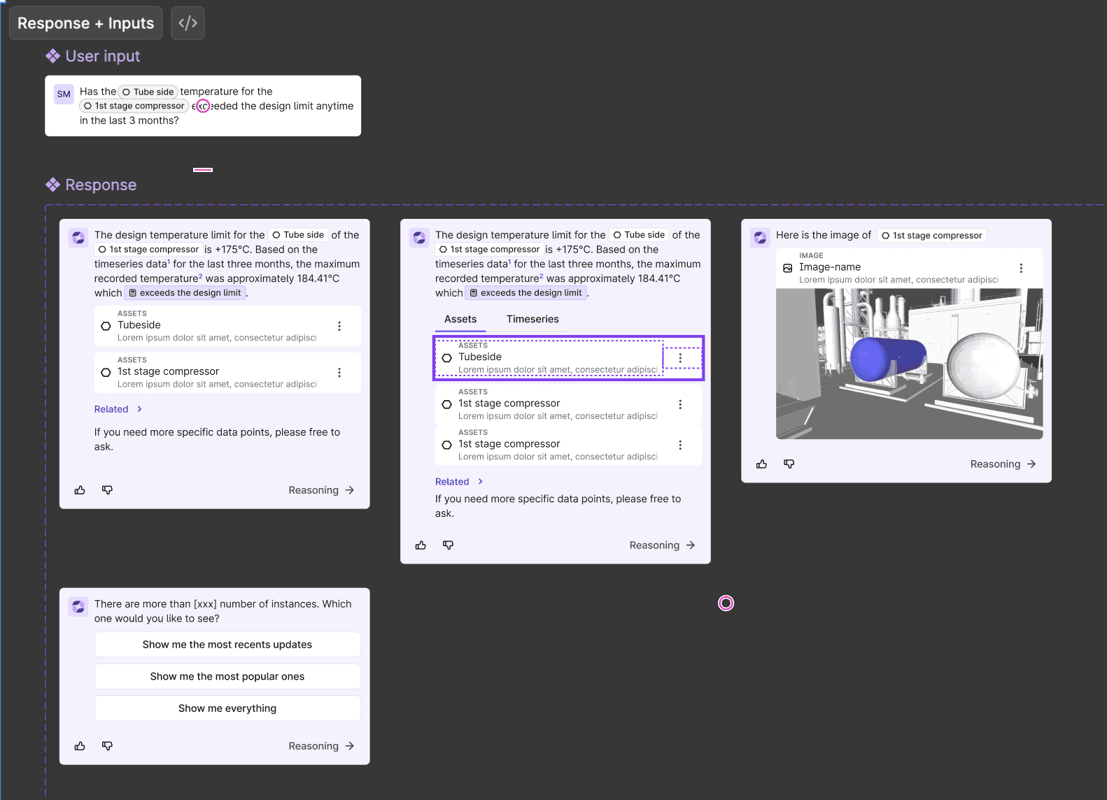 Tabbed attachment cards — Assets, Timeseries, Notifications
